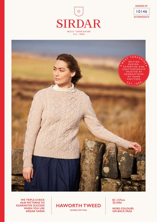 S10146 Women's Crew Neck Cable Sweater in Sirdar Haworth Tweed