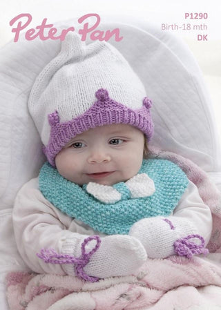 PP1290 Baby's Pixie Hat, Mittens, Socks & Bib in Peter Pan Pixie DK