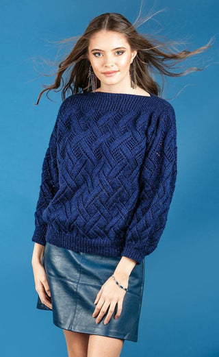 R3055 Women's Slash Neck Sweater in Robin Sparkle DK