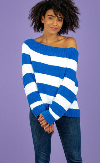 R3060 Ladies Striped Wide Neck Sweater in Robin Plush DK