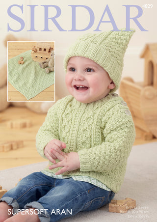S4829 Blanket, Hat and Sweater for Babies in Sirdar Supersoft Aran