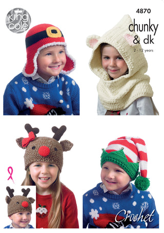 KC4870 Crochet Kids' Christmas Hats in King Cole Chunky and DK