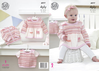 KC4977 Dress, Sweater and Cardigan for Babies in King Cole Big Value Baby 4ply, Print and Spot
