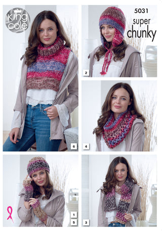 KC5031 Hats, Scarves, Wrist Warmers and Polo Insert for Women in King Cole Big Value Super Chunky Tints