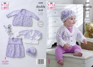KC5330 Babies Coat, Cardigan, Pinafore Dress and Hat in King Cole DK
