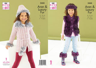 KC5444 Girl's Jacket, Gilet, Boot Toppers, Hat & Headband in King Cole Fashion Aran & Luxury Fur