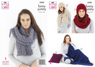 KC5540 Cowl, Scarf, Wrap, Hats, Blanket & Cushion in King Cole Yummy