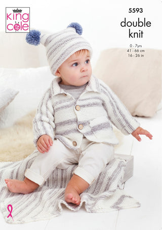 KC5593 Babies Cardigan, Hat & Blanket in King Cole Stripe DK