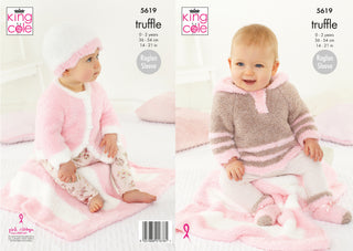 KC5619 Pram Blanket, Cardigan, Hooded Top, Hat & Socks for Babies in King Cole Truffle DK