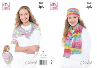 KC5663 Ladies Crochet Scarf, Hat & Triangular Wrap in King Cole Summer 4Ply
