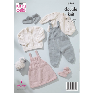 KC6549 Dungarees, Pinafore, Sweater, Cardigan and Bootees knitted in Little Lamb DK