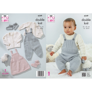 KC6549 Dungarees, Pinafore, Sweater, Cardigan and Bootees knitted in Little Lamb DK