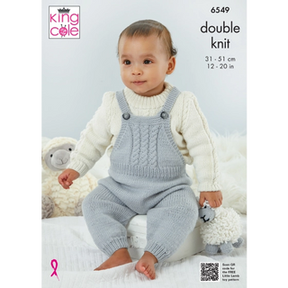 KC6549 Dungarees, Pinafore, Sweater, Cardigan and Bootees knitted in Little Lamb DK