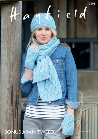 S7991 Scarf, Hat and Wrist Warmers for Women in Hayfield Bonus Aran Tweed