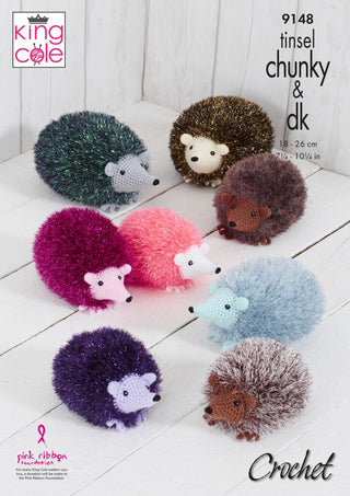 KC9148 Small, Medium & Large Hedgehogs Crocheted in King Cole Tinsel Chunky & Dollymix DK