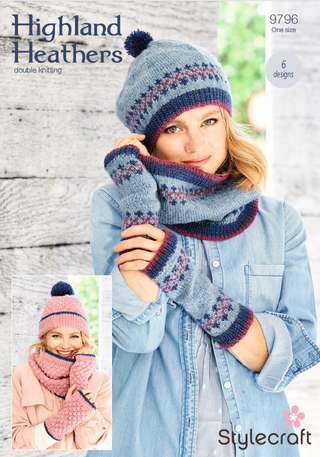 ST9796 Textured or Fair Isle Hat, Snood and Wrist Warmers in Stylecraft Highland Heathers DK