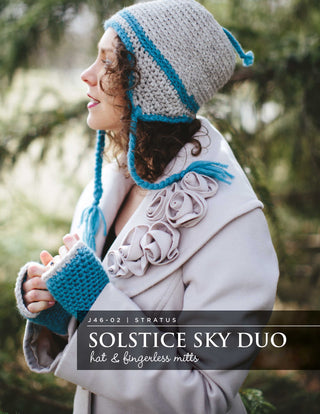 J46-02 Crochet Solstice Sky Duo Hat and Fingerless Mitts for Women in Stratus