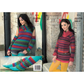 KC3216 Women's Jumper with optional cowl collar, sleeveless Top, Arm or Legwarmers and Snood in Riot DK