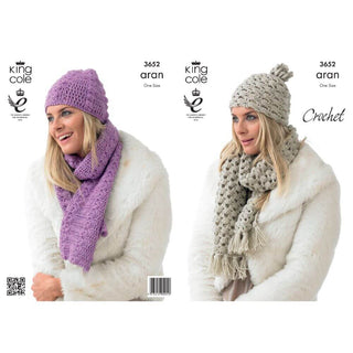 KC3652 Crocheted Hats and Scarves for Women in King Cole Fashion Aran