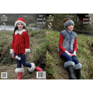 KC4057 Jacket, Gilet, Boot Toppers, Hat and Headband for Children in King Cole Merino Aran and Luxe Fur
