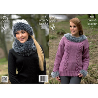 KC4060 Sweater, Cowl and Hat for Women in King Cole Merino Aran and Luxe Fur