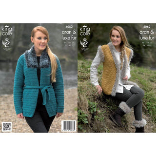 KC4062 Jacket, Gilet and Boot Toppers for Women in King Cole Merino Aran and Luxe Fur
