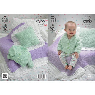 KC4177 Blanket, Cusion and Cardigan for Babies in King Cole Cuddles Chunky