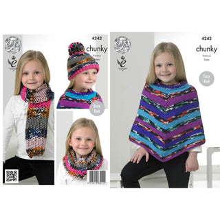 KC4242 Poncho, Snood, Scarf and Hat for Children in King Cole Big Value Multi Chunky