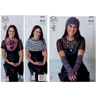 KC4639 Women Scarf, Hat, Gloves & Polo Neck Warmer Knitted in Party Glitz 4Ply