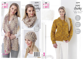 KC5279 Cardigan, Hat, Scarf & Cowl for Women in King Cole Big Value Super Chunky Twist