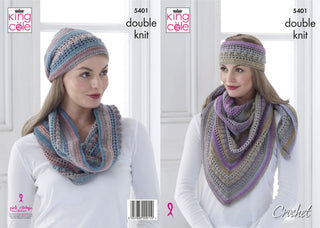 KC5401 Crochet Shawl, Cowl, Hat & Headband in King Cole Riot DK