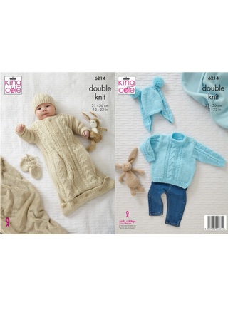 KC6214 Babies Sweater, Jacket, Sleeping Bag, Hat & Mittens Knitted in King Cole DK