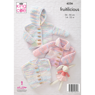KC6236 Hooded Jacket, Collared Cardigan & Waistcoat Knitted in King Cole Fruitilicious
