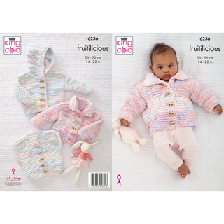KC6236 Hooded Jacket, Collared Cardigan & Waistcoat Knitted in King Cole Fruitilicious