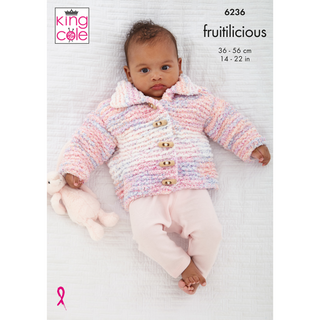 KC6236 Hooded Jacket, Collared Cardigan & Waistcoat Knitted in King Cole Fruitilicious