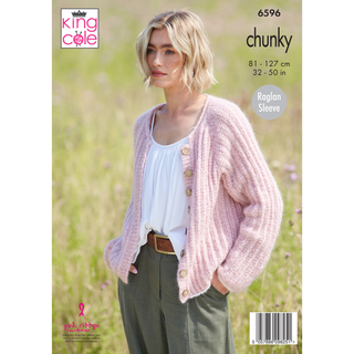 KC6596 Sweater, Cardigan & Scarf Knitted in King Cole Flair Solo Chunky