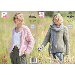 KC6596 Sweater, Cardigan & Scarf Knitted in King Cole Flair Solo Chunky