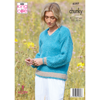 KC6597 Sweater & Cardigan Knitted in King Cole Flair Solo Chunky