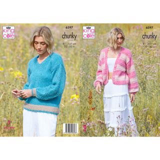 KC6597 Sweater & Cardigan Knitted in King Cole Flair Solo Chunky