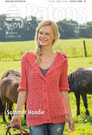 Patons 3988 Ladies Summer Three-Quarter Sleeved Hooded Cardigan using Washed Cotton DK