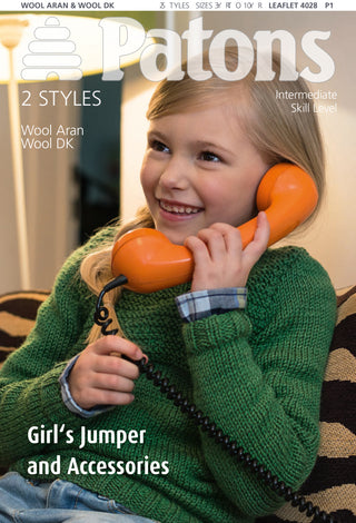 Patons 4028 Girls Jumper, Hat and Scarf using Patons Wool Aran and Wool DK