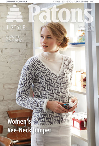 Patons 4045 Women's V-Neck Jumper using Diploma Gold 4 ply