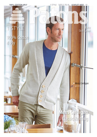Patons 4052 Mens' Deep V-Neck Cardigan knitted using Patons Machine Washable 100% Cotton 4 ply