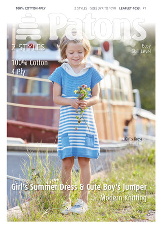 Patons 4053 Girls Summer Dress and Boys Jumper using Patons Machine Washable 100% Cotton 4 ply