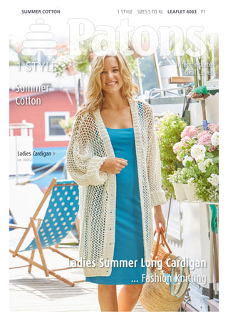 Patons 4063 Ladies Long Cotton Cardigan knitted using Summer Cotton