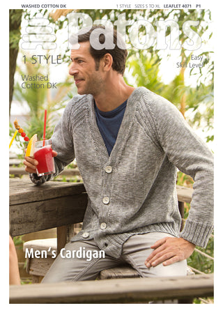 Patons 4071 Mens V-Neck, Raglan Sleeved Cardigan using Patons Washed Cotton DK