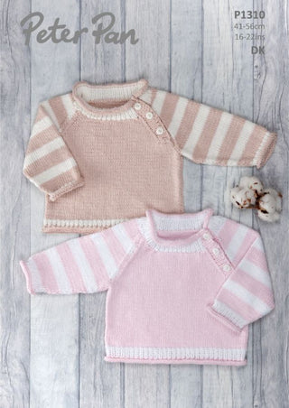 PP1310 Baby's Sweater with Striped Sleeves in Peter Pan Baby Cotton DK