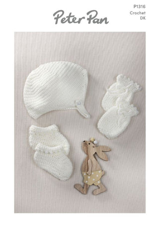 PP1316 Babies Hat, Mittens and Bootees in Peter Pan DK