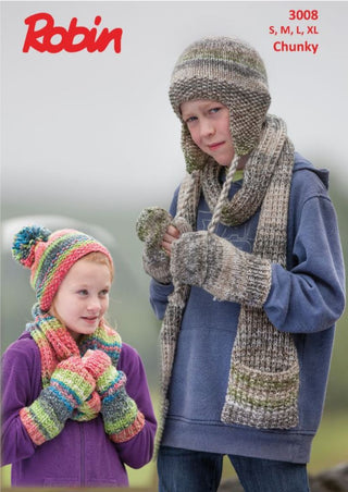 R3008 Helmet, Mittens, Scarf, Pom Pom Hat, Cowl & Wrist-Warmers in Robin Phoenix Chunky