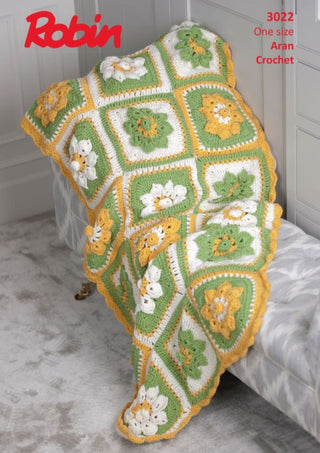 R3022 Crochet Flower Garden Throw in Robin Aran With Wool
